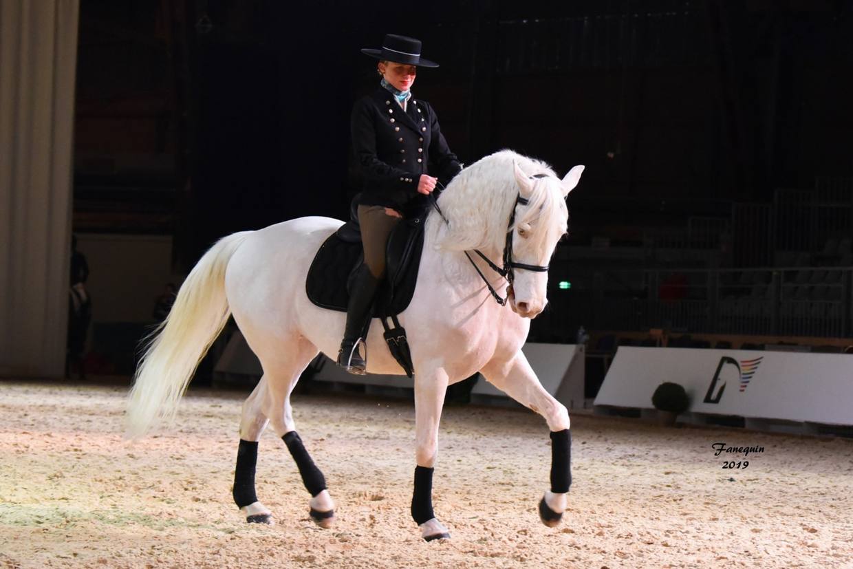 Anaëlle Stanislao Pascual en tenue andalouse noire et chapeau, sur un cheval gris, à Cheval Passion, à Avignon.