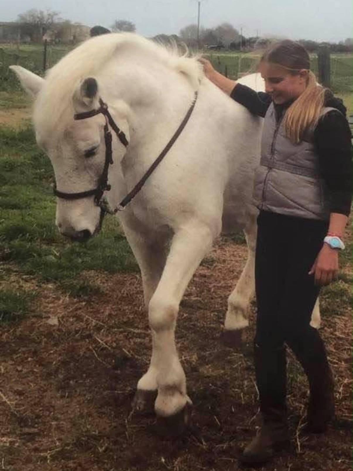 Anaëlle, la main sur l’encolure de Mistral, un cheval gris, dans un pré.