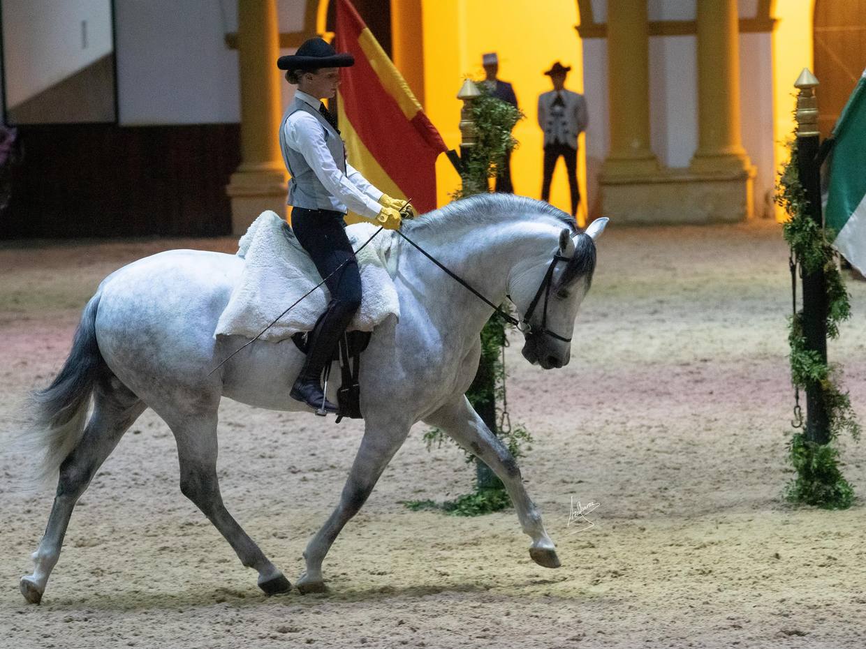 Anaëlle Stanislao Pascual au trot sur un cheval gris, en tenue andalouse, lors du gala des élèves.
