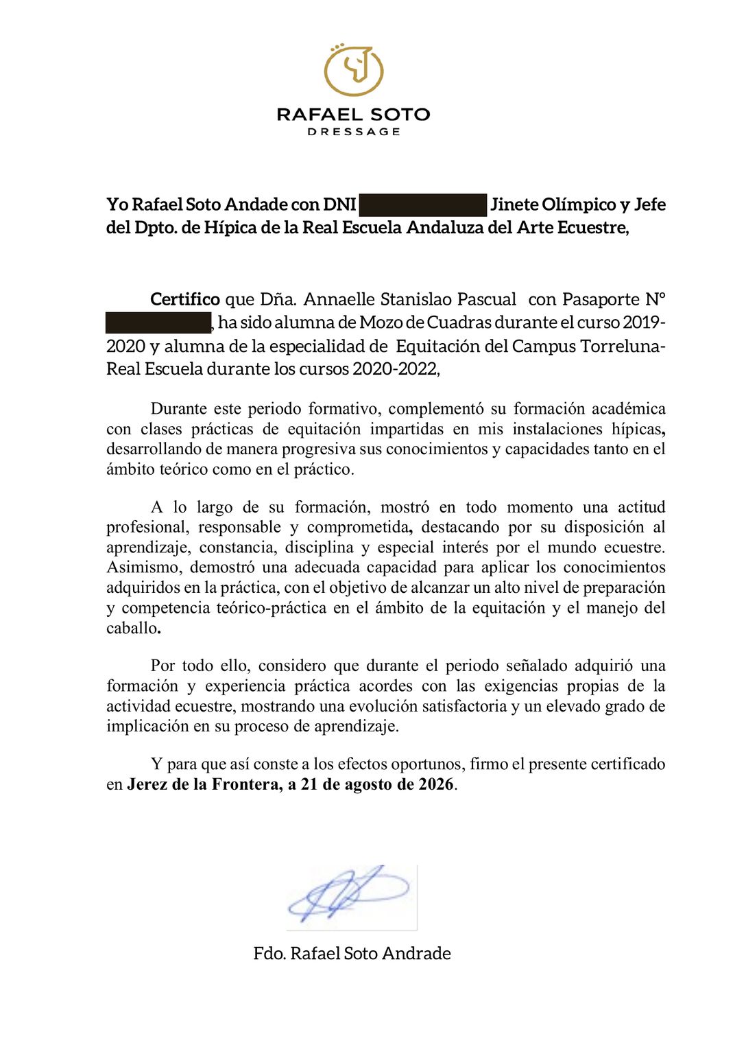 Certificat de Rafael Soto, document original ; numéros d’identité masqués