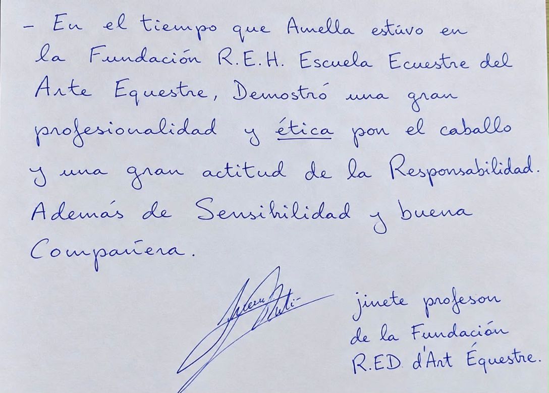 Mot manuscrit d’un cavalier professeur de la Real Escuela